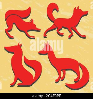 Set von Rotfuchs Silhouetten. Grunge Hintergrund. Vektorgrafik. Stock Vektor