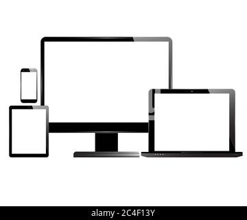 Moderne Monitor Computer Laptop Smartphone Tablet auf weißem Hintergrund isoliert. Realistisches Vektordesign. Stock Vektor