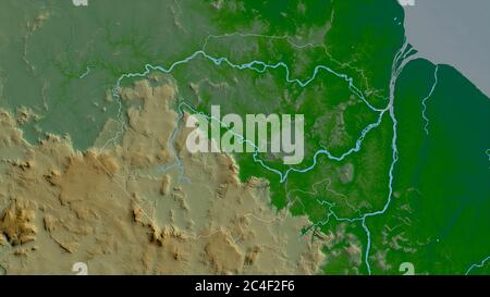 Cuyuni-Mazaruni, Region Guyana. Farbige Shader-Daten mit Seen und Flüssen. Form, die gegenüber dem Landesgebiet umrissen ist. 3D-Rendering Stockfoto