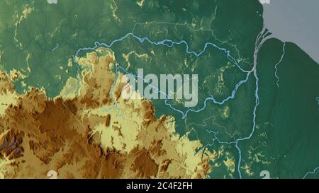 Cuyuni-Mazaruni, Region Guyana. Farbiges Relief mit Seen und Flüssen. Form, die gegenüber dem Landesgebiet umrissen ist. 3D-Rendering Stockfoto