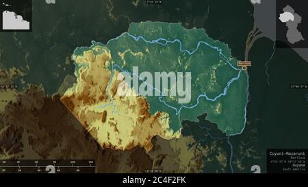 Cuyuni-Mazaruni, Region Guyana. Farbiges Relief mit Seen und Flüssen. Form präsentiert gegen seine Landesfläche mit informativen Überlagerungen. 3D-Rendering Stockfoto