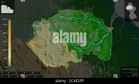 Cuyuni-Mazaruni, Region Guyana. Farbige Shader-Daten mit Seen und Flüssen. Form präsentiert gegen seine Landesfläche mit informativen Überlagerungen. 3D r Stockfoto