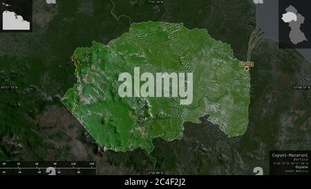 Cuyuni-Mazaruni, Region Guyana. Satellitenbilder. Form präsentiert gegen seine Landesfläche mit informativen Überlagerungen. 3D-Rendering Stockfoto
