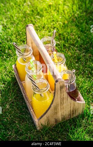Sortiment von Limonade und Eistee in Flaschen in Holzgestell im Gras Stockfoto