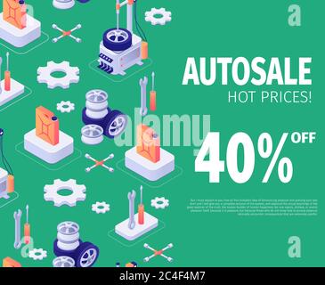 Banner für AutoSale Sonderangebot mit Isometric Icons Elemente. Vektor 3d Illustration mit Schriftzug 40 Prozent Rabatt auf Hot Price auf Farbe Rückseite Stockfoto