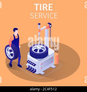Reifenservice im Autowerkstatt. Reparaturwerkstätten oder Techniker halten Rad bereit, moderne Montage und Auswuchtausrüstung zu verwenden. 3d-Vektor Isometrisches Bild Stockfoto