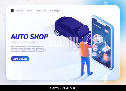 Landing Page für Auto Shop Online Mobile Application. Mann steht in der Nähe von riesigen Smartphone und die Wahl Waren für die Reparatur Car Serfing Internet. Isometr Stockfoto