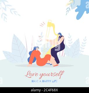 Love Yourself Frau Motivationskarte in Flat Vector Style. Haben glückliches Leben Inspirational Text Cartoon Illustration mit schönen Mädchen entspannen Harfe Stockfoto