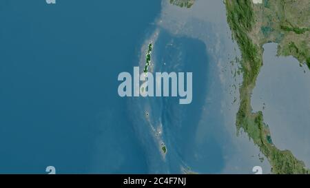 Andaman und Nikobar, Union Gebiet von Indien. Satellitenbilder. Form, die gegenüber dem Landesgebiet umrissen ist. 3D-Rendering Stockfoto