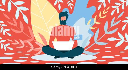 Freelancer Job im Sommer Vektor Illustration. Bärtiger Mann auf dem Boden sitzend mit Laptop auf Hintergrund rote Pflanzen. Guy schreibt Nachrichten im Urlaub Stockfoto