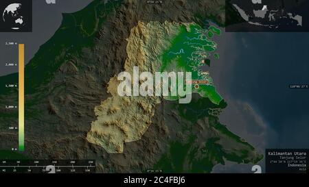 Kalimantan Utara, Provinz Indonesien. Farbige Shader-Daten mit Seen und Flüssen. Form präsentiert gegen seine Landesfläche mit informativen Überlagerungen Stockfoto