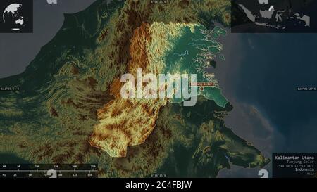 Kalimantan Utara, Provinz Indonesien. Farbiges Relief mit Seen und Flüssen. Form präsentiert gegen seine Landesfläche mit informativen Überlagerungen. 3D Stockfoto