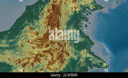 Kalimantan Utara, Provinz Indonesien. Farbiges Relief mit Seen und Flüssen. Form, die gegenüber dem Landesgebiet umrissen ist. 3D-Rendering Stockfoto