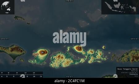 Nusa Tenggara Barat, Provinz Indonesien. Farbiges Relief mit Seen und Flüssen. Form präsentiert gegen seine Landesfläche mit informativen Überlagerungen. Stockfoto