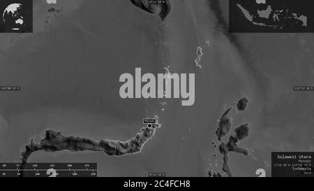 Sulawesi Utara, Provinz Indonesien. Graustufen-Karte mit Seen und Flüssen. Form präsentiert gegen seine Landesfläche mit informativen Überlagerungen. 3D-RE Stockfoto