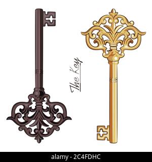 Dekorative mittelalterliche Vintage-Schlüssel mit viktorianischen Blättern und handgezeichneten antiken Schlüsseln Stock Vektor