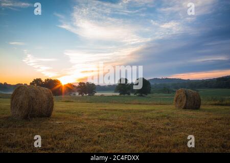 Heuballen rollten auf dem Feld bei Sonnenaufgang mit Nebel schafft erstaunliche Himmel im Frühsommer Sussex County NJ Stockfoto