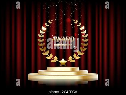 Hintergrund mit roten Vorhängen, Golden Podium, der Text der Auszeichnung. Stock Vektor