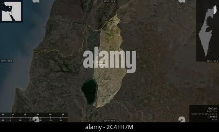 Golan, Bezirk Israel. Satellitenbilder. Form präsentiert gegen seine Landesfläche mit informativen Überlagerungen. 3D-Rendering Stockfoto