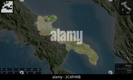 Apulien, Region von Italien. Satellitenbilder. Form präsentiert gegen seine Landesfläche mit informativen Überlagerungen. 3D-Rendering Stockfoto