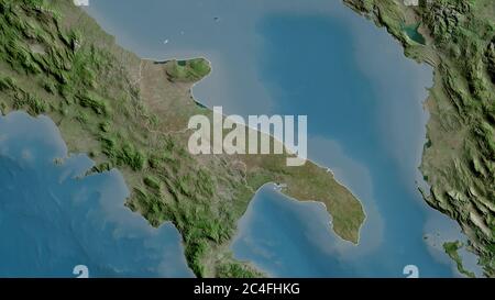 Apulien, Region von Italien. Satellitenbilder. Form, die gegenüber dem Landesgebiet umrissen ist. 3D-Rendering Stockfoto