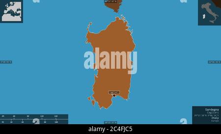 Sardegna, autonome Region Italiens. Gemusterte Feststoffe mit Seen und Flüssen. Form präsentiert gegen seine Landesfläche mit informativen Überlagerungen. 3D r Stockfoto