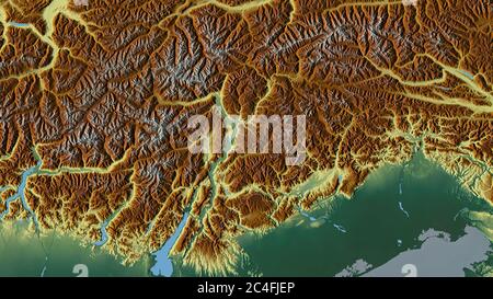 Trentino-Südtirol, autonome Region Italiens. Farbiges Relief mit Seen und Flüssen. Form, die gegenüber dem Landesgebiet umrissen ist. 3D-Rendering Stockfoto