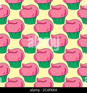 Cupcakes-Muster, nahtlose Muster auf gelbem Hintergrund. Stock Vektor