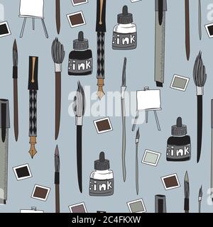 Art Store Haul, Skizzen von Tinte, Stifte und Pinsel auf einem grauen Hintergrund, nahtlose Vektor-Wiederholung. Oberflächengestaltung Stock Vektor