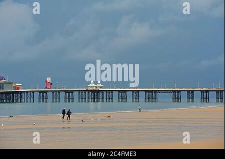 Paar zu Fuß Haustier Hund am Strand unter stürmischen Bedingungen, Blackpool, Großbritannien Stockfoto