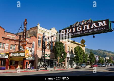 Begrüßungsschild an der historischen Main Street in Brigham City, Utah, USA, Nordamerika Stockfoto