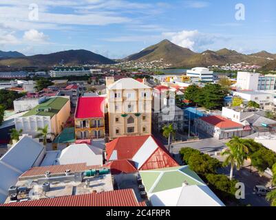 Nahaufnahme Luftaufnahme von philipsburg auf der karibischen Insel St. maarten. Stockfoto