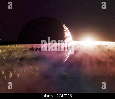 Planet Saturn oder Jupiter in der Nähe, mit Ringen, und in den Strahlen der Sonne. Welt außerhalb unseres Sonnensystems. Alle Kunstelemente von mir gemacht. 3d-Illustration Stockfoto