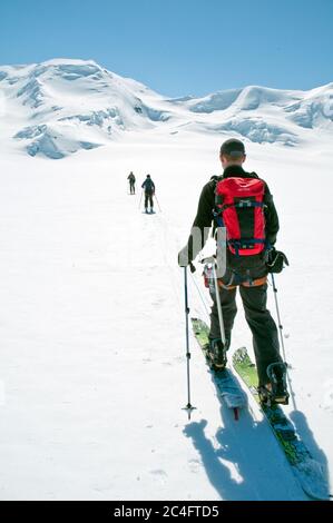 Drei Langläufer wandern durch die Eisfelder der Saint Elias Mountains, Kluane National Park, Yukon Territory, Kanada. Stockfoto