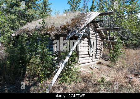 Eine verlassene historische Klondike Gold Rush Ära Wildnis Prospektor Log Cabin Kluane National Park, Yukon Territory, Kanada. Stockfoto