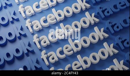 Facebook Multiple Typografie auf Blue Wall 3D Rendering Stockfoto