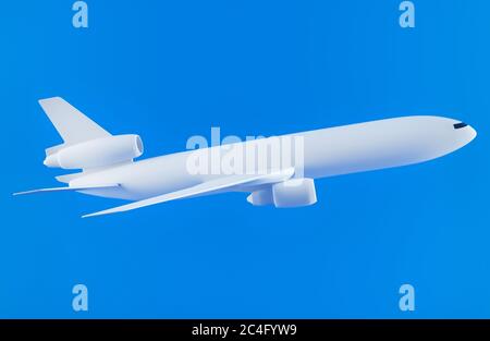 3D-Rendering eines weißen generischen modernen Flugzeugs auf einem hellblauen Hintergrund Stockfoto