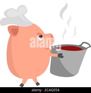 Schwein mit Suppe, Illustration, Vektor auf weißem Hintergrund Stock Vektor