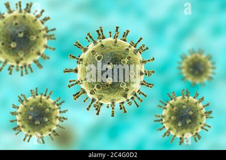 Computer Illustration ein Varizellen Zoster Virus-Partikel, die Ursache von Windpocken und Gürtelrose. Varizella-Zoster-Virus ist auch bekannt als menschliches Herpes-Virustyp 3 (HHV-3). Stockfoto