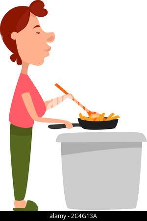 Frau Kochen Abendessen, Illustration, Vektor auf weißem Hintergrund Stock Vektor