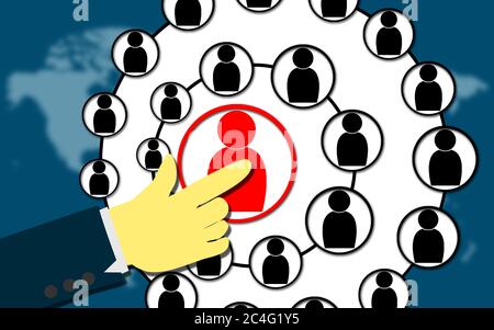Hand drücken soziale Symbole auf blauen Hintergrund der Weltkarte, 3D-Rendering Stockfoto