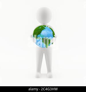 3D-Mensch hält den Planeten Erde in den Händen Stockfoto