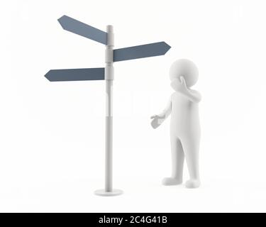 3D-Mann, der auf einen Wegweiser schaut Stockfoto