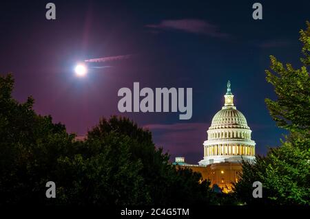 Vollmond hinter dem Kapitol der Vereinigten Staaten beleuchtet die Marmorkuppel bei Nacht mit Bäumen im Vordergrund. Stockfoto