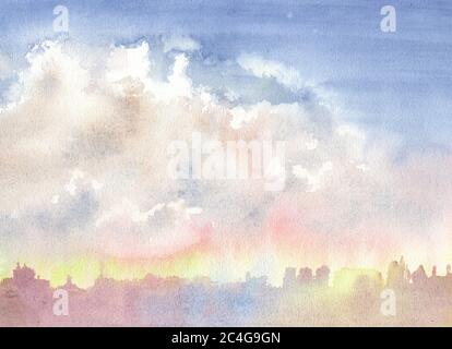 Der Himmel mit Wolken über der Stadt. Morgen. Abstrakt blau Aquarell Hintergrund Scheidung. Aquarelldarstellung Stockfoto