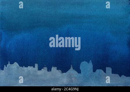 Der Himmel mit Wolken über der Stadt. Nacht. Abstrakt blau Aquarell Hintergrund Scheidung. Aquarelldarstellung Stockfoto