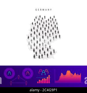 Symbolkarte für deutsche Menschen. Detailreiche Silhouette. Gemischte Menschenmenge von Männern und Frauen. Infografiken zur Bevölkerung. Isolierte Abbildung. Stockfoto