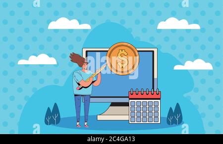 Junge Frau mit Finanz-Business-Icons Vektor-Illustration Design Stock Vektor