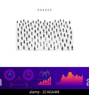 Kansas Karte. Detailreiche Silhouette. Gemischte Menge von Männern und Frauen Ikonen. Populationsinfographic Elemente. Illustration isoliert auf weiß. Stockfoto
