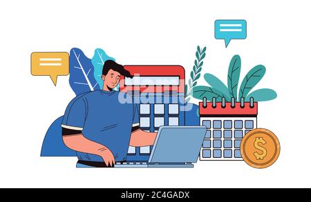 Junger Mann mit Finanz-Business-Icons Vektor Illustration Design Stock Vektor